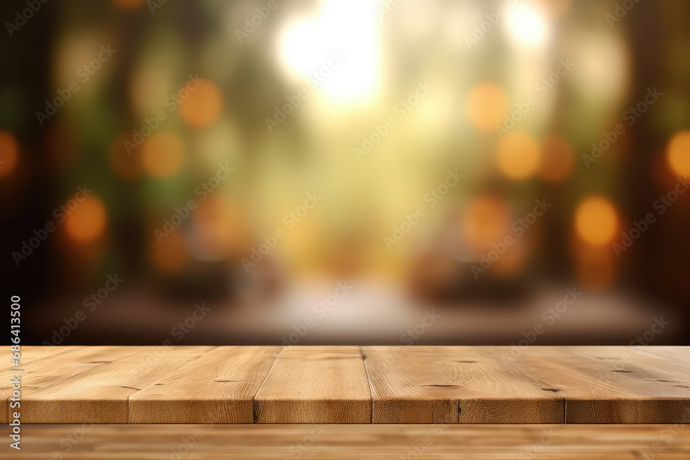 Empty wooden table top with lights bokeh on blur background. 3d render illustration. Generative AI. Empty wooden table top with lights bokeh on blur background. 3d render illustration. Generative AI.