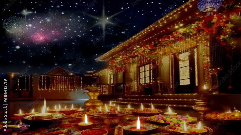 Diwali celebration with light decorations and candles at night. 4K time-lapse fantasy style animated video background. Diwali celebration with light decorations and candles at night. 4K time-lapse fantasy style animated video background.