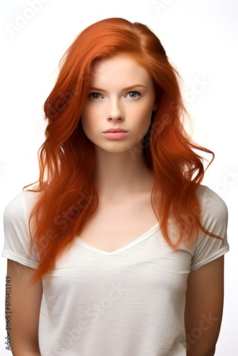 Portrait profile of a Glamour young woman with long redhead hair looking at camera isolated on white - generative ai