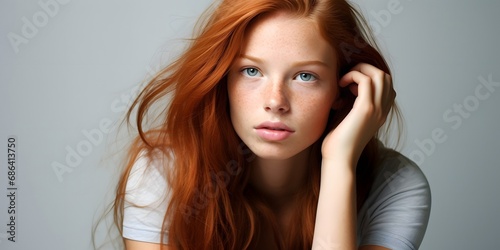 Portrait profile of a Glamour young woman with long redhead hair looking at camera isolated on white - generative ai