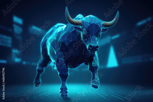 Metallic blue bull or bullish with market trend in crypto currency or stocks. Trade exchange background, up arrow graph for increase in rates.3d render illustration. Generative AI. © NeeArtwork