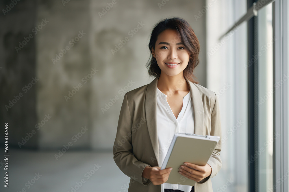 Asian real estate woman holding notebook inside empty modern apartment Asian real estate woman holding notebook inside empty modern apartment