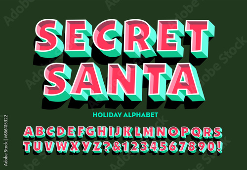 Secret Santa; A lively 3 dimensional effect font in Christmas holiday colors. Great for sale announcements and in-store signage.