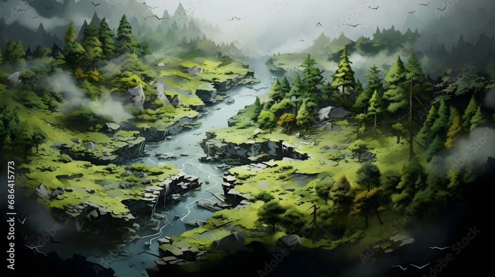 Misty landscape, river flow through forest, Green moss on the rocks, Generative Ai Misty landscape, river flow through forest, Green moss on the rocks, Generative Ai