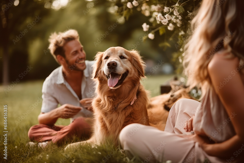 Funny dog on a picnic with his owners' happy friends in the park Funny dog on a picnic with his owners' happy friends in the park