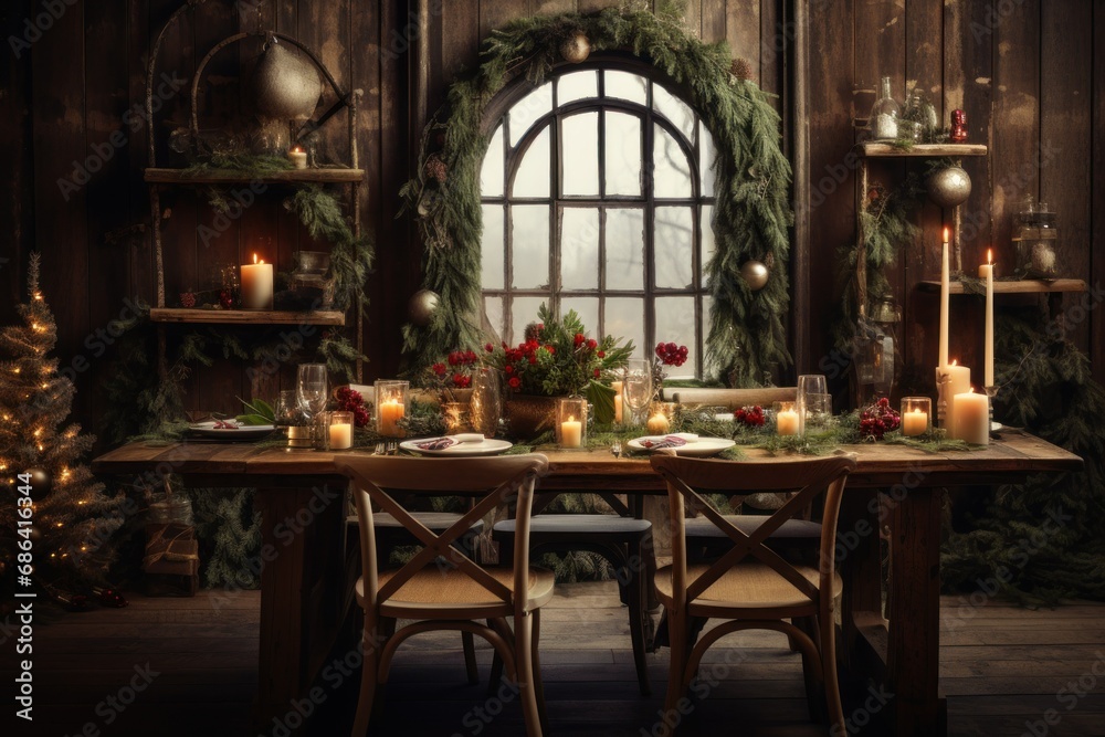 Festive Christmas Setting with Empty Wooden Table