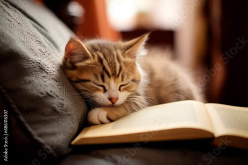Little cute cat fell asleep on his owner's open book