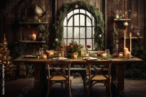 Festive Christmas Setting with Empty Wooden Table