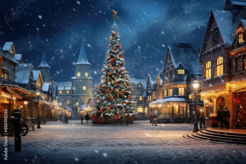 Festive Town Square with Christmas Tree and Snowfall