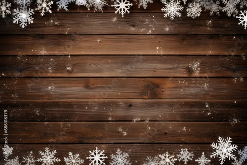 Festive Wooden Table with Christmas Fir and Snowflakes Decoration
