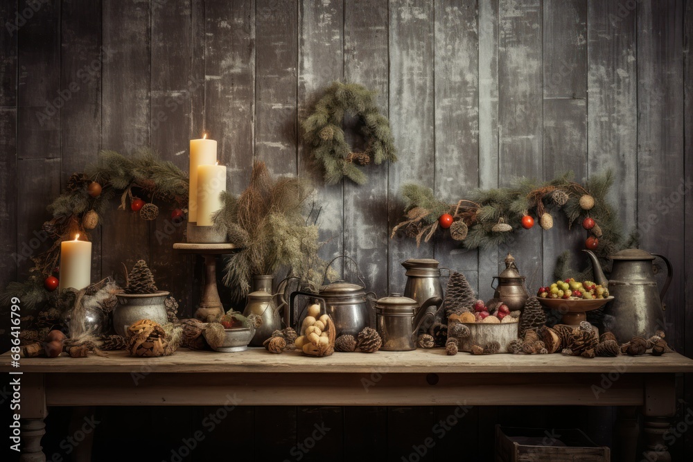 Rustic Christmas Setting on Old Wooden Table