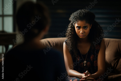 Dark-skinned sad teenage girl shares her traumas with a psychologist photo