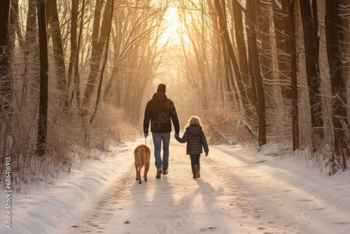 Snowy Forest Stroll with Family and Their Golden Retriever