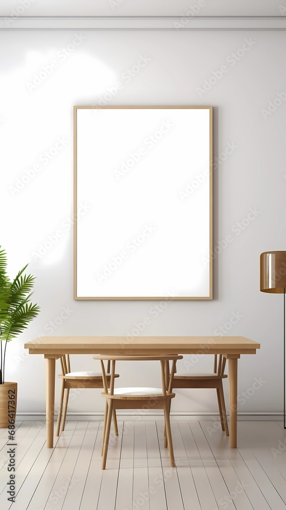 3D Render of Minimalist Wooden Dining Room with Empty Frame 3D Render of Minimalist Wooden Dining Room with Empty Frame