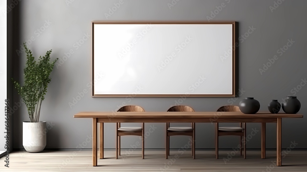 3D Render of Minimalist Wooden Dining Room with Empty Frame 3D Render of Minimalist Wooden Dining Room with Empty Frame