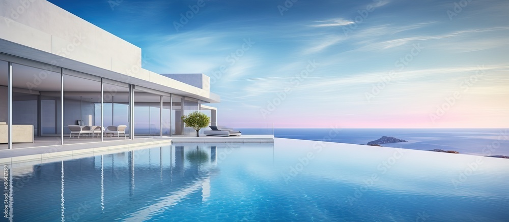 Contemporary home exhibits infinity pool and ocean view through stylish windows