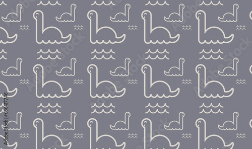 Cute long neck baby dino and waves pattern in blue. Vector seamless pattern design for children clothing, fashion, textile and wrappings