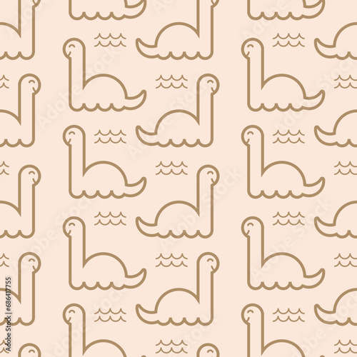 Cute long neck dino and waves pattern in baby pink. Vector seamless pattern design for baby, fashion, textile, wrapping and paper