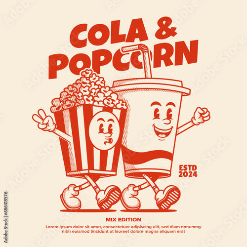 cola cup and popcorn character  retro cartoon mascot