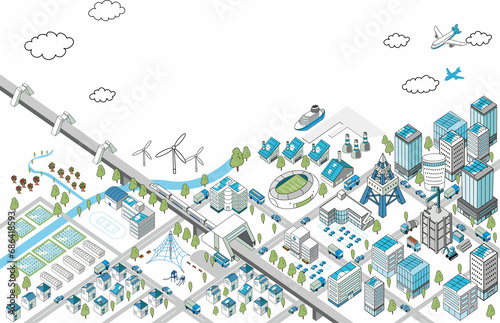 自然と調和する海沿いの街並みの俯瞰イラスト（白背景）