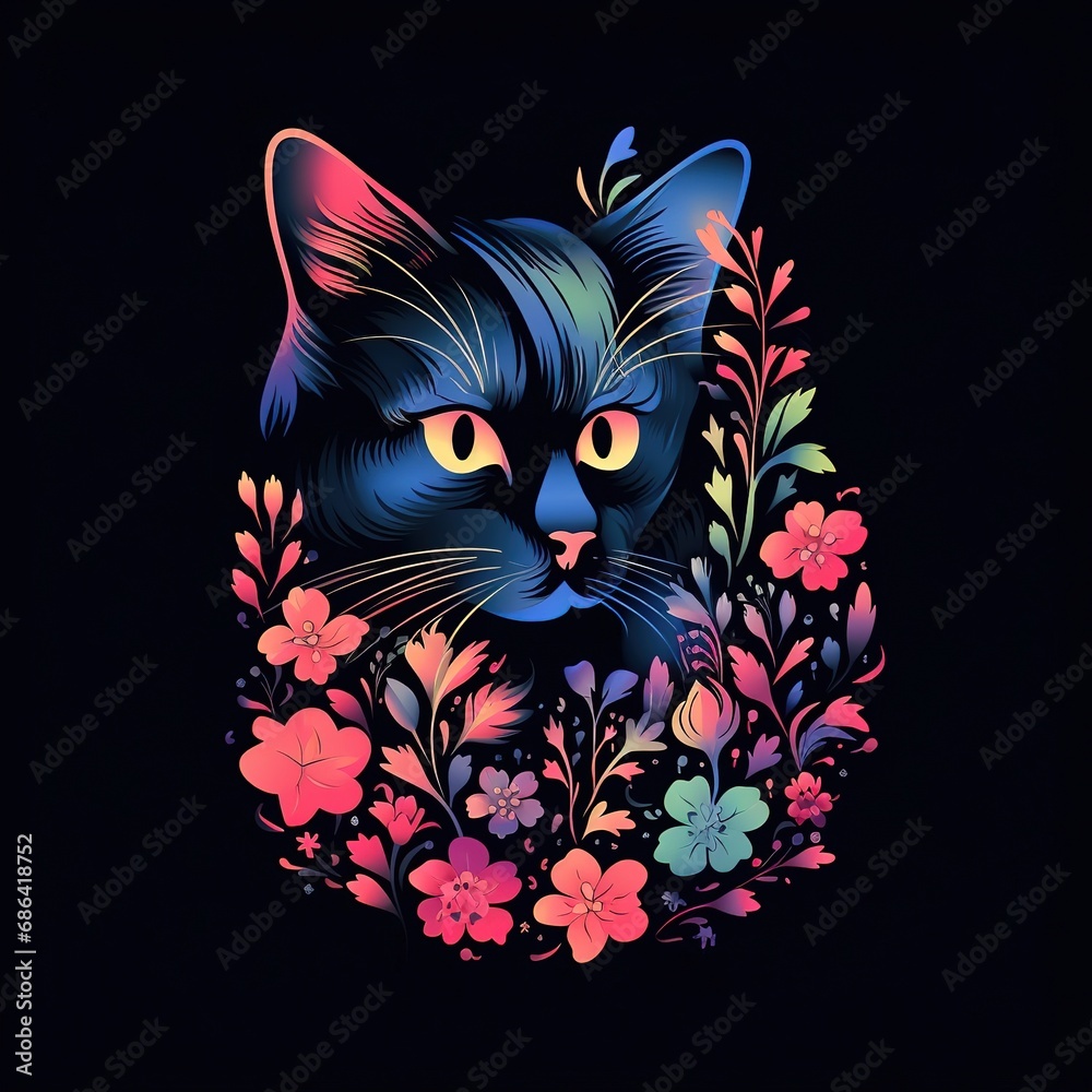 Simple folk style illustration of a floral cat silhouette on the black background. Vector image great for logo or t-shirt design