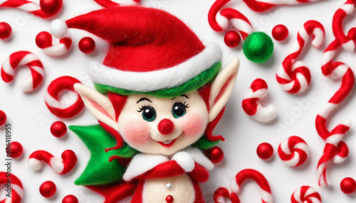 red naughty elf  mischievous  with striped candy  Christmas  felting material  on a white background
