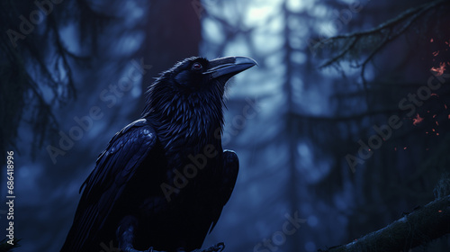 Black raven perched on a branch in a dark and misty forest. The dark background add a spooky and eerie atmosphere. Perfect image for Halloween, autumn, and nature enthusiasts. photo