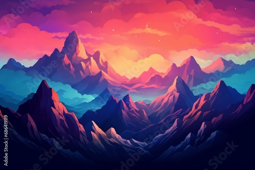 Mountains with colorful sky and space for text. Generative AI
