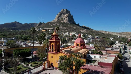 Aerial view of Peña de Bernal and the Parroquia de San Sebastián Bernal