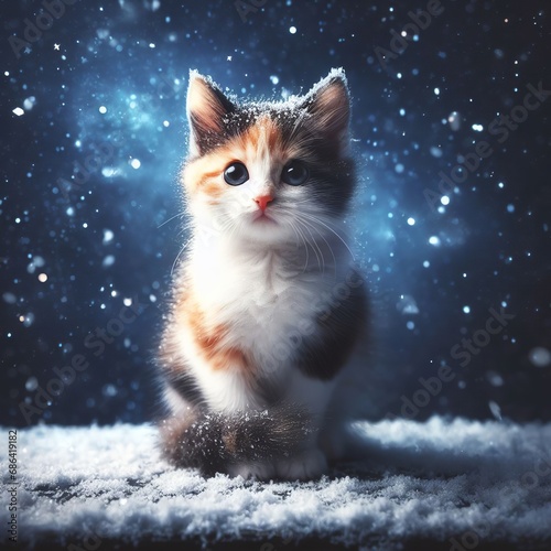 Cute little kitten sitting on snow. Christmas and New Year background