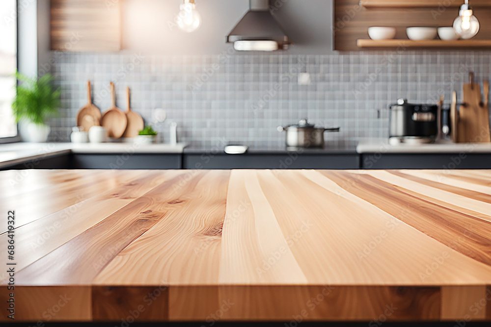 Empty wood tabletop or counter with display product. Blur image of kitchen room,dining room background. Display product background Empty wood tabletop or counter with display product. Blur image of kitchen room,dining room background. Display product background