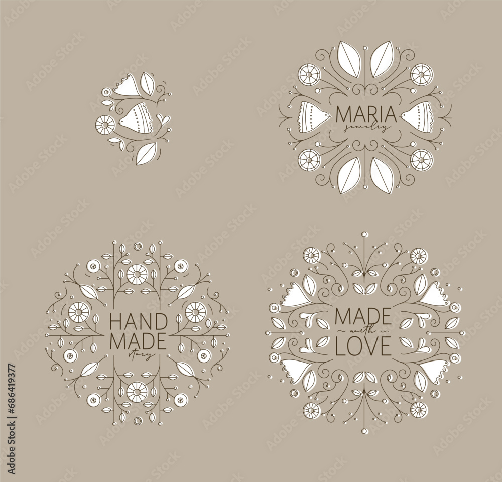 Ethnic floral labels with lettering drawing in linear style on beige background