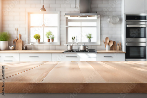 Empty wood tabletop or counter with display product. Blur image of kitchen room dining room background. Display product background