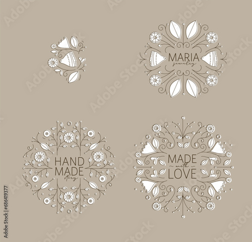 Obraz na płótnie Ethnic floral labels with lettering drawing in linear style on beige background w salonie