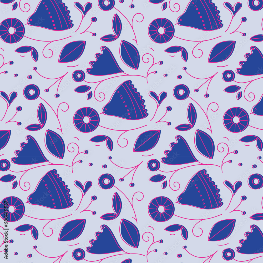 Ethnic floral and bird pattern drawing in linear style on azure background