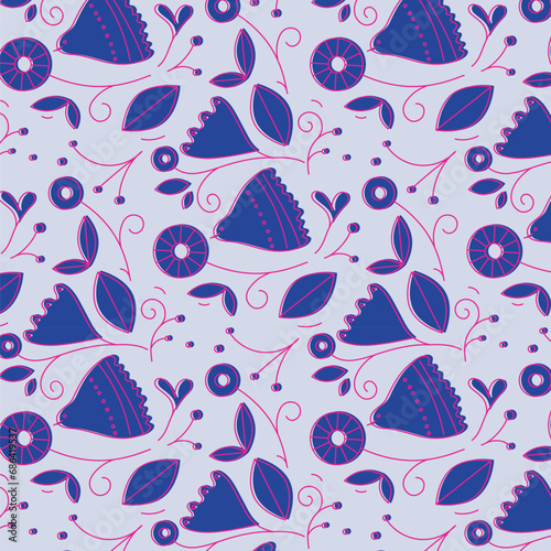 Obraz na płótnie Ethnic floral and bird pattern drawing in linear style on azure background w salonie