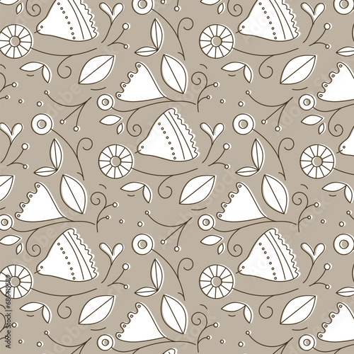 Obraz na płótnie Ethnic floral and bird pattern drawing in linear style on beige background w salonie