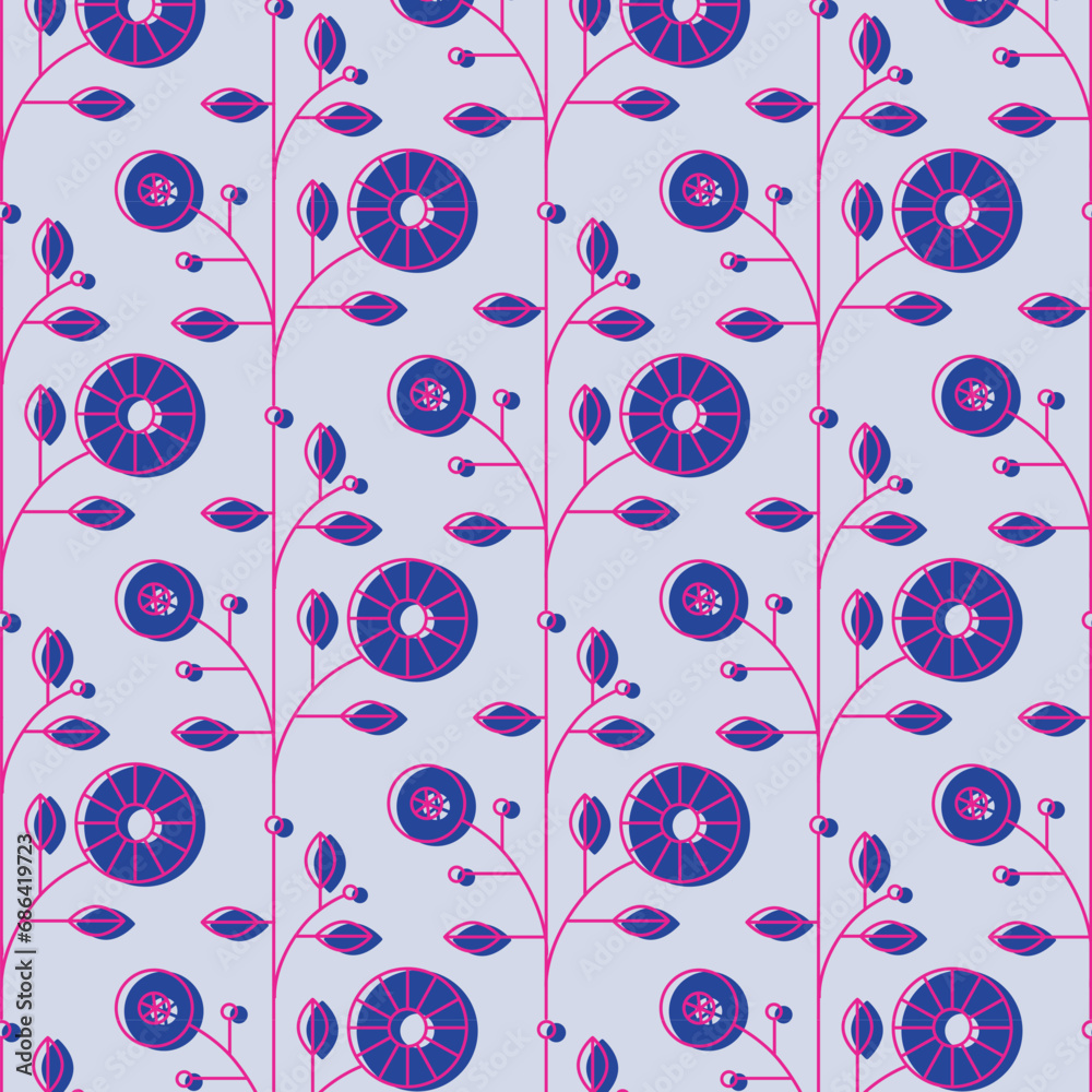 Ethnic floral pattern drawing in linear style on azure background