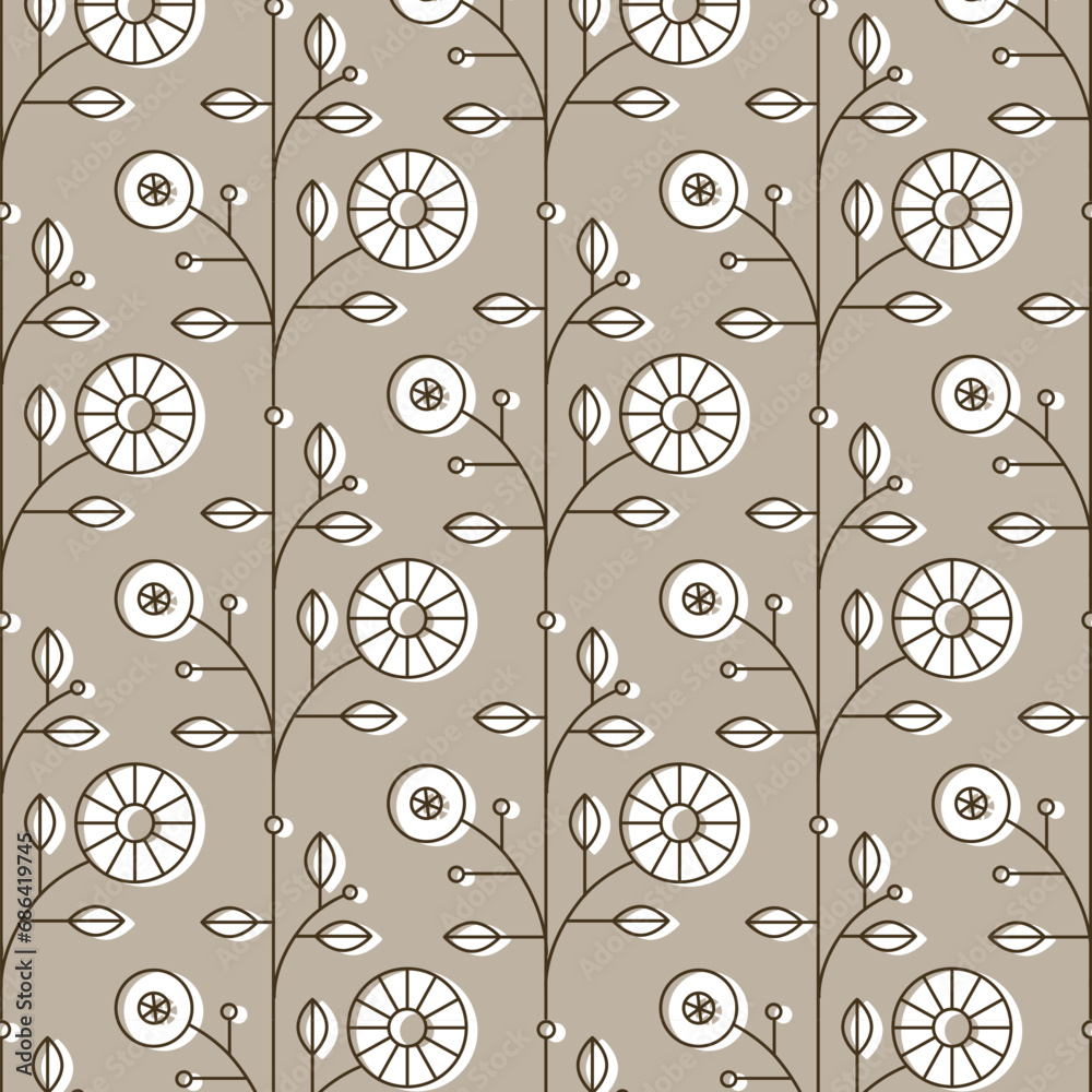 Ethnic floral pattern drawing in linear style on beige background