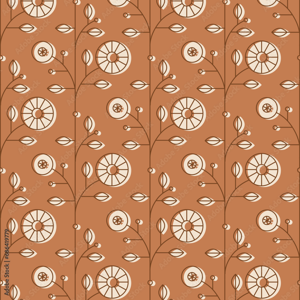 Ethnic floral pattern drawing in linear style on mustard background