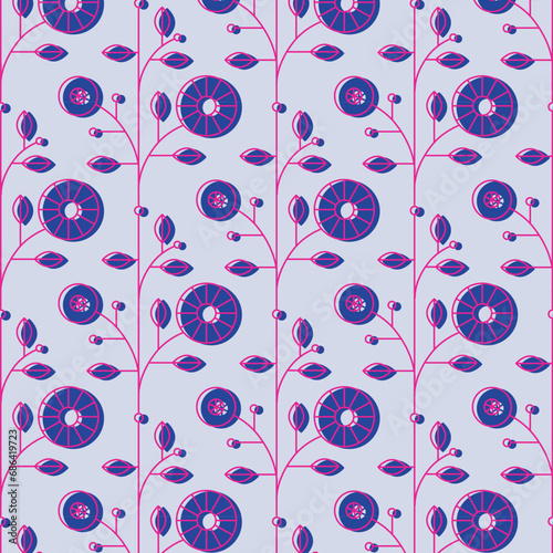Obraz na płótnie Ethnic floral pattern drawing in linear style on azure background w salonie