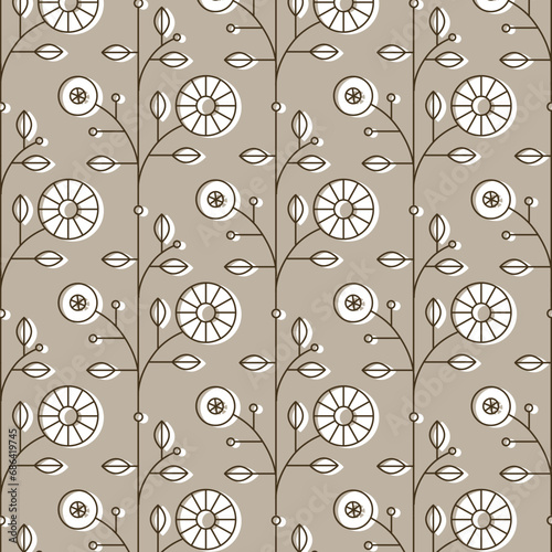 Ethnic floral pattern drawing in linear style on beige background