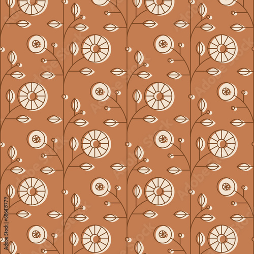 Obraz na płótnie Ethnic floral pattern drawing in linear style on mustard background w salonie