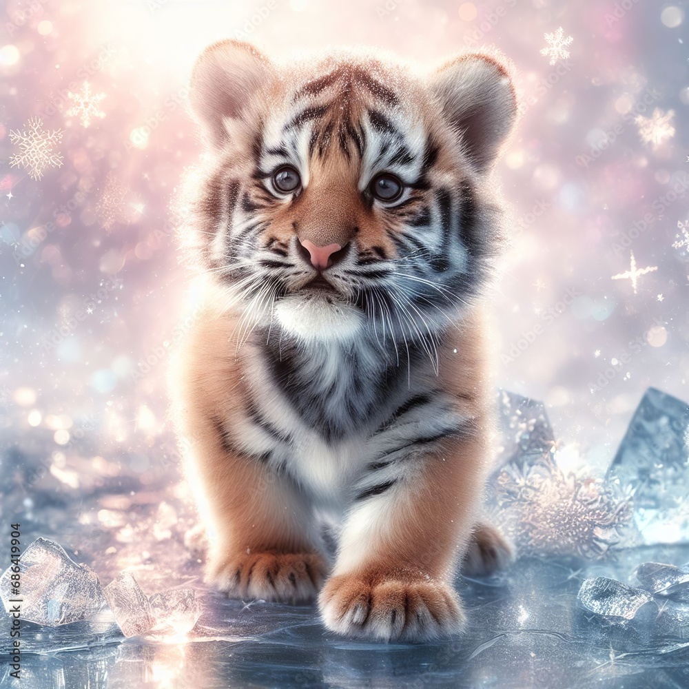 Cute little tiger cub on snow background. New Year's card.