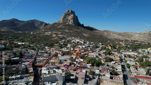 Aerial view of the Peña de Bernal peak over Bernal