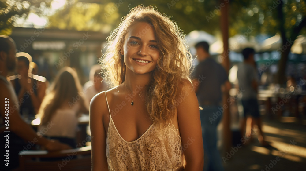 a beer garden with a few guests, a young adult woman, 20s 30s, caucasian, blonde long hair, summer dress in nice weather in summer, smiling insecure or introverted