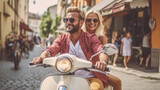 couple or friends, man and woman driving riding a motorbike motor-scooter, vacations in old-town, fictional location, caucasian tourists, summer travel holidays, happy smiling, 30s