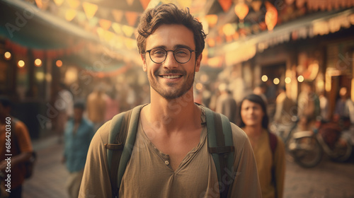 happy adult man, caucasian, 30s, traveling as backpacker with backpack, happy smiling, tourist in india or indonesia, fictional location, everyday life with locals, excited