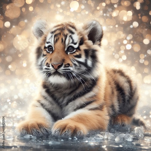 Portrait of a tiger cub on a background of snowflakes