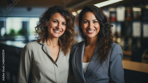 two happy colleagues or friends or group or team, women 30 years old or 40, intercultural multiracial and caucasian, smiling in a good mood, in the office, group photo